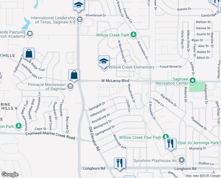 map of restaurants, bars, coffee shops, grocery stores, and more near 1052 Springhill Drive in Saginaw