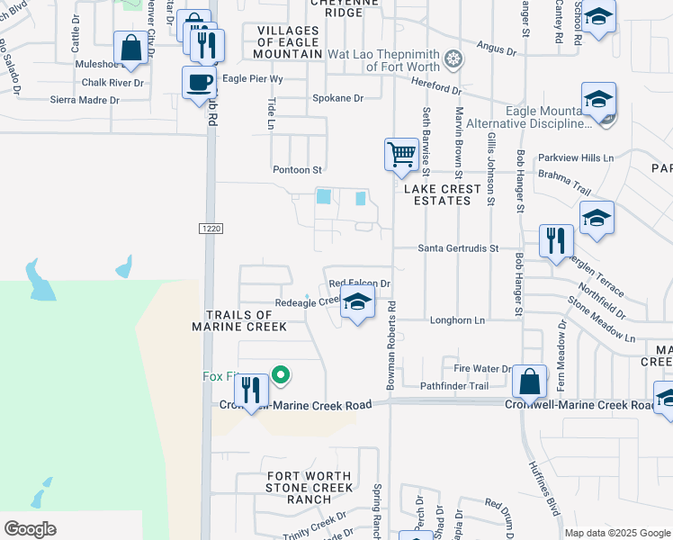 map of restaurants, bars, coffee shops, grocery stores, and more near 6273 Thunderwing Drive in Fort Worth