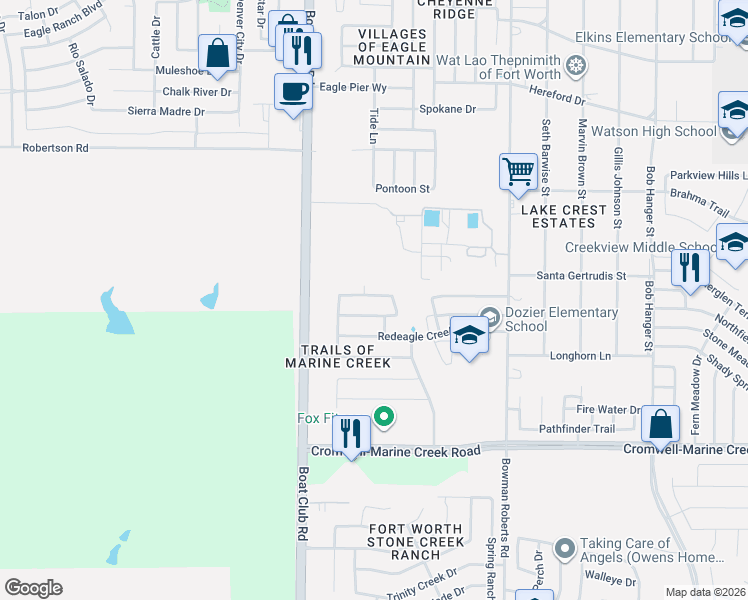 map of restaurants, bars, coffee shops, grocery stores, and more near 6321 Eagles Rest Drive in Fort Worth