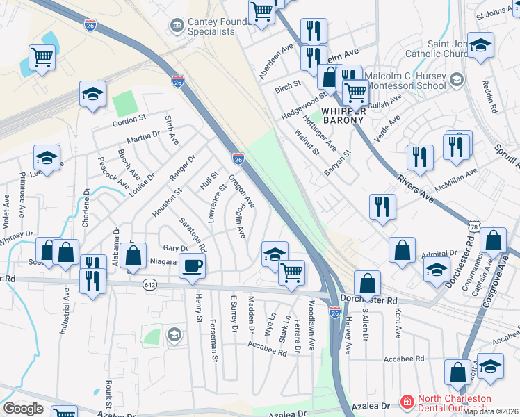 map of restaurants, bars, coffee shops, grocery stores, and more near 2649 Oregon Avenue in North Charleston