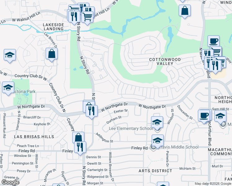map of restaurants, bars, coffee shops, grocery stores, and more near 4000 East Hill Drive in Irving