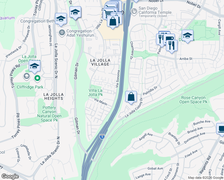 map of restaurants, bars, coffee shops, grocery stores, and more near 8350 Via Sonoma in San Diego