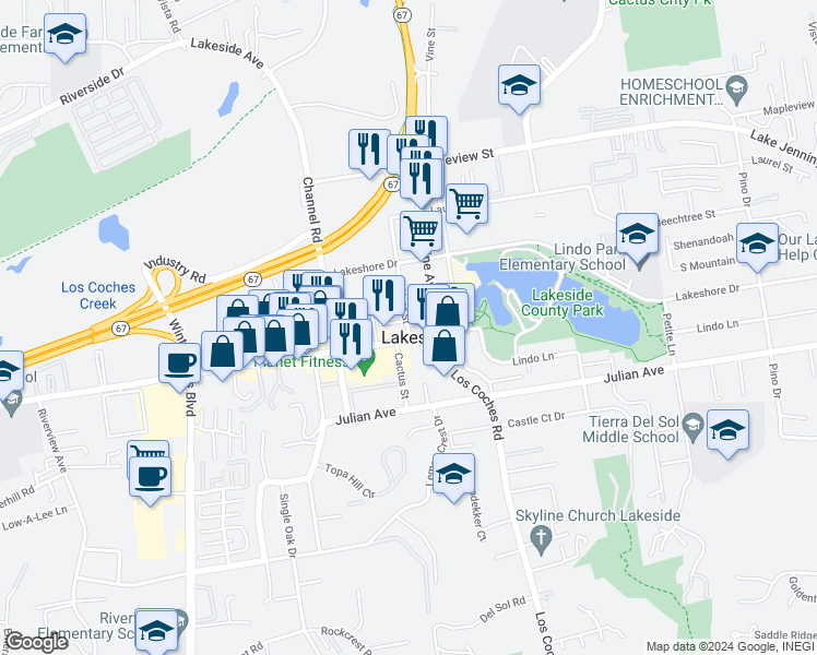 map of restaurants, bars, coffee shops, grocery stores, and more near 9821 River Street in Lakeside