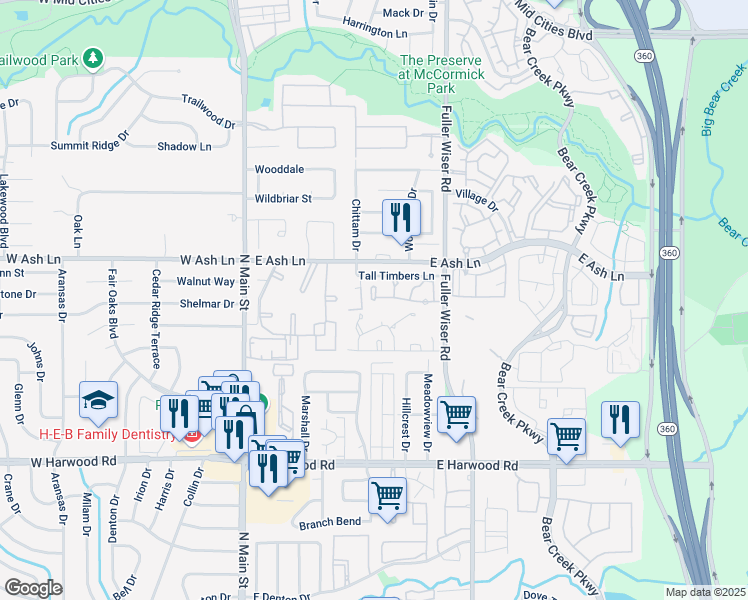 map of restaurants, bars, coffee shops, grocery stores, and more near 410 Milla Lane in Euless