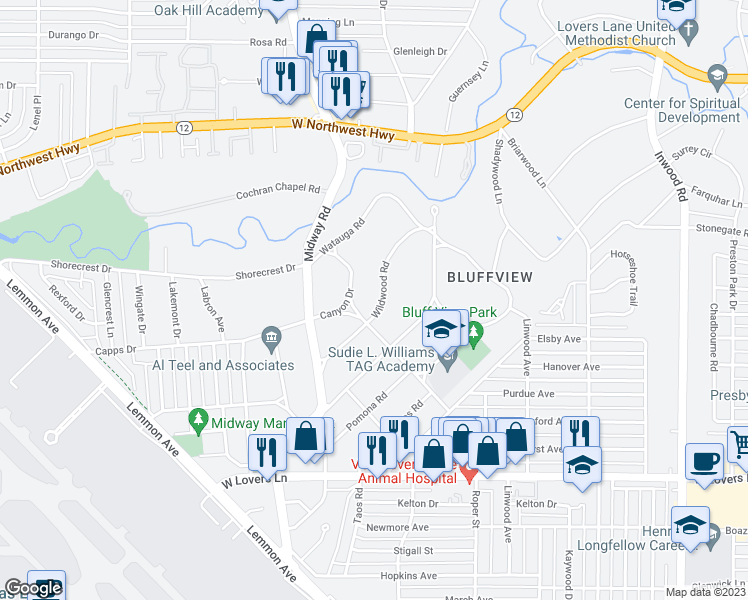 map of restaurants, bars, coffee shops, grocery stores, and more near 4515 Wildwood Road in Dallas