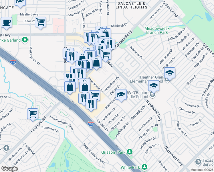 map of restaurants, bars, coffee shops, grocery stores, and more near 909 Arrowhead Drive in Garland