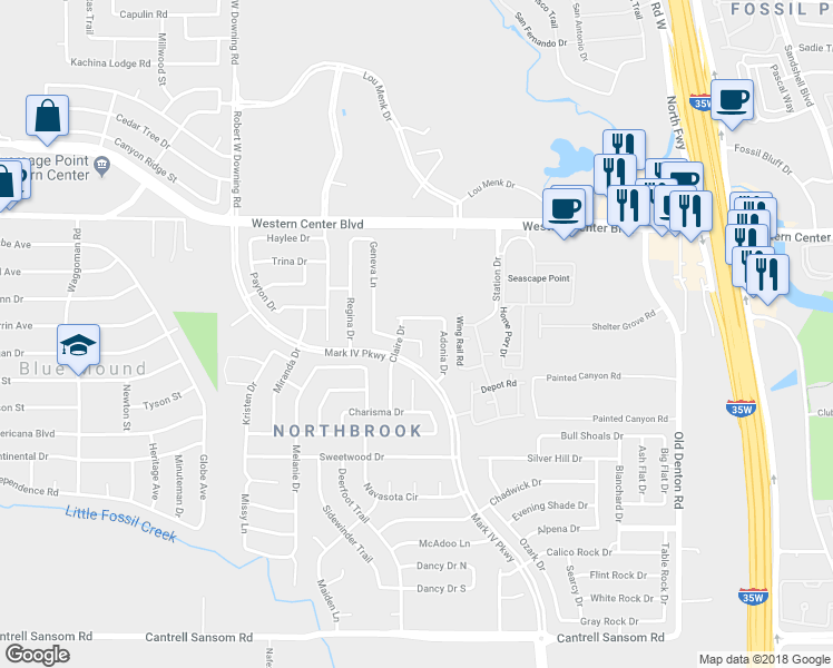 map of restaurants, bars, coffee shops, grocery stores, and more near 6240 Geneva Lane in Fort Worth
