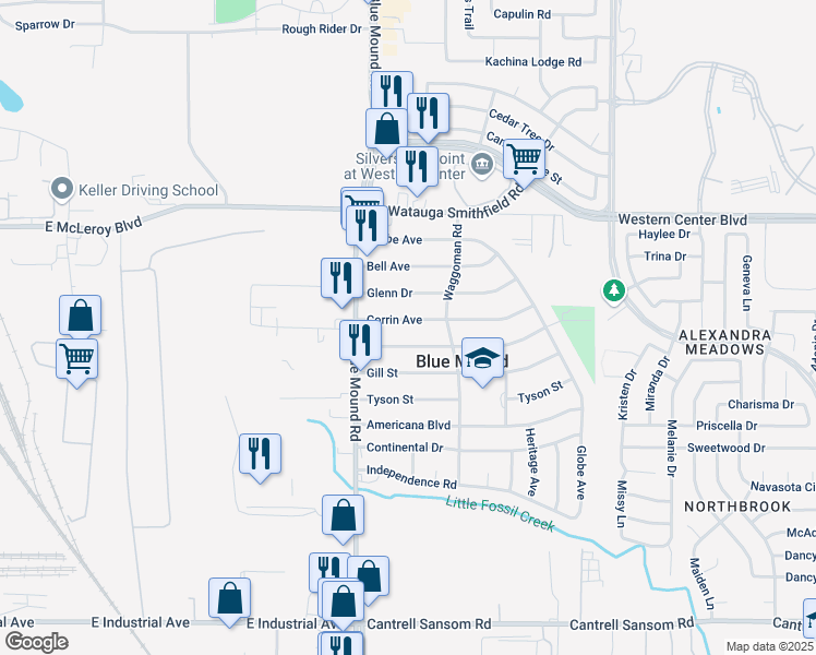 map of restaurants, bars, coffee shops, grocery stores, and more near 1640 Corrin Ave in Blue Mound
