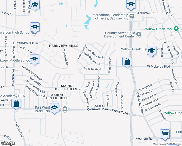 map of restaurants, bars, coffee shops, grocery stores, and more near 4936 Waterford Drive in Fort Worth