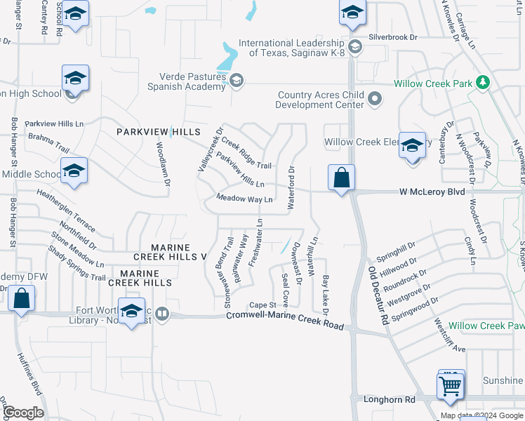 map of restaurants, bars, coffee shops, grocery stores, and more near 4888 Waterford Drive in Fort Worth