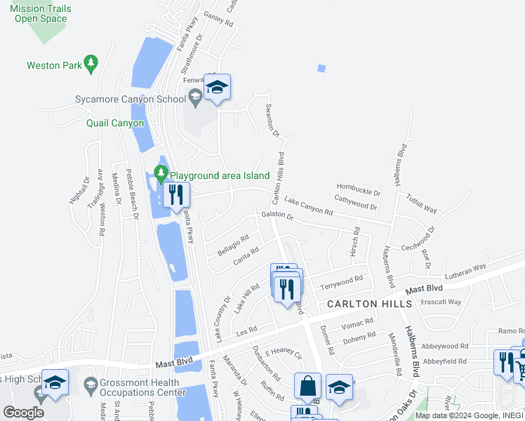 map of restaurants, bars, coffee shops, grocery stores, and more near 9310 Galston Drive in Santee
