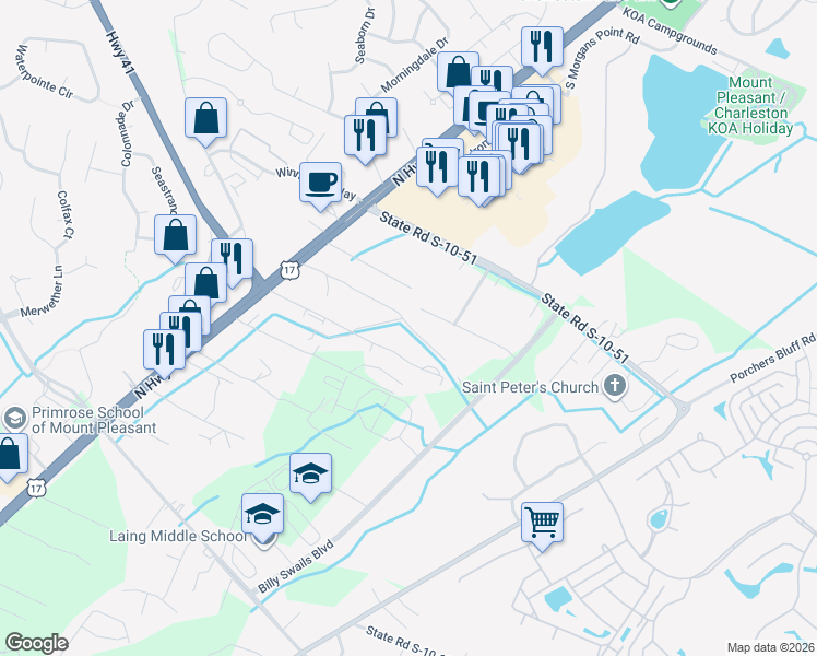 map of restaurants, bars, coffee shops, grocery stores, and more near 1165 Huro Drive in Mount Pleasant