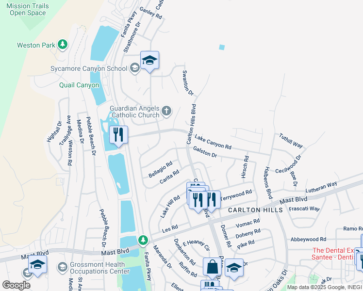 map of restaurants, bars, coffee shops, grocery stores, and more near 9310 Galston Drive in Santee