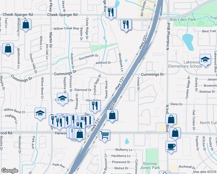 map of restaurants, bars, coffee shops, grocery stores, and more near 3520 Sweet Wood in Bedford