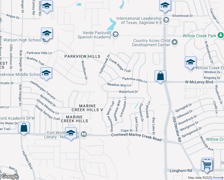 map of restaurants, bars, coffee shops, grocery stores, and more near 5008 Waterford Drive in Fort Worth