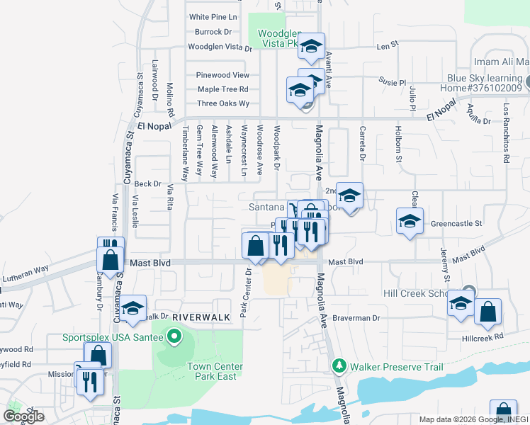 map of restaurants, bars, coffee shops, grocery stores, and more near 10158 Peaceful Court in Santee