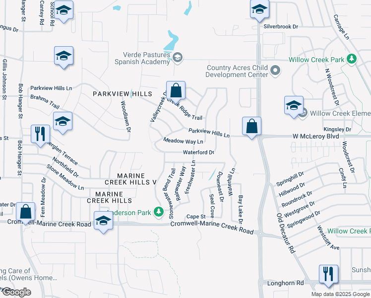 map of restaurants, bars, coffee shops, grocery stores, and more near 4900 Waterford Drive in Fort Worth