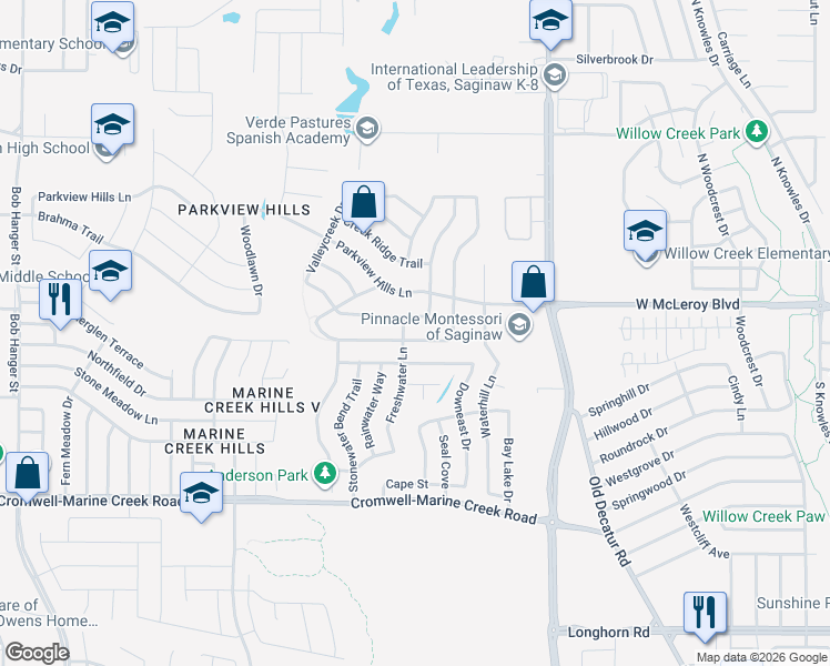 map of restaurants, bars, coffee shops, grocery stores, and more near 4880 Waterford Drive in Fort Worth