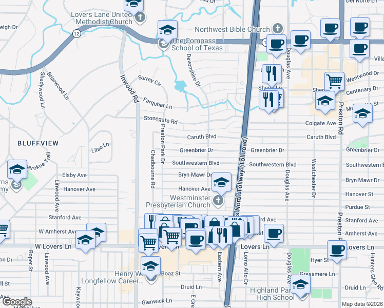 map of restaurants, bars, coffee shops, grocery stores, and more near 5635 Southwestern Boulevard in Dallas
