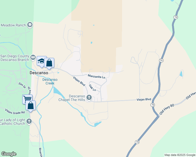 map of restaurants, bars, coffee shops, grocery stores, and more near 25131 Manzanita Lane in Descanso