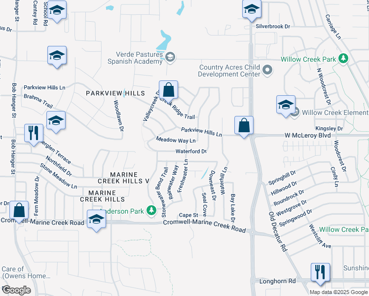 map of restaurants, bars, coffee shops, grocery stores, and more near 4900 Waterford Drive in Fort Worth