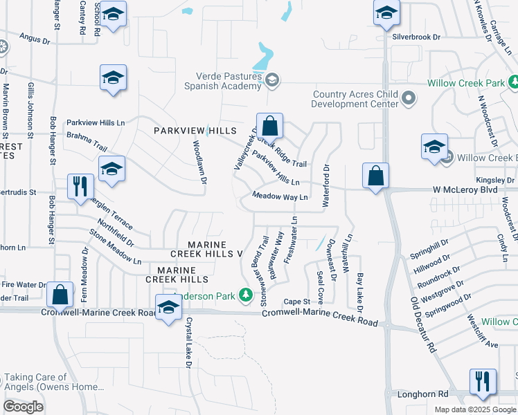 map of restaurants, bars, coffee shops, grocery stores, and more near 5016 Waterford Drive in Fort Worth