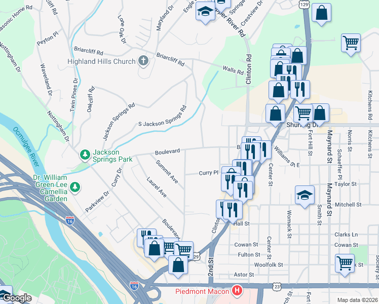 map of restaurants, bars, coffee shops, grocery stores, and more near 991 North Avenue in Macon