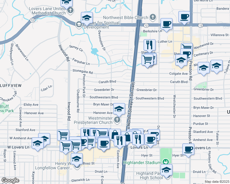 map of restaurants, bars, coffee shops, grocery stores, and more near 5718 Greenbrier Drive in Dallas