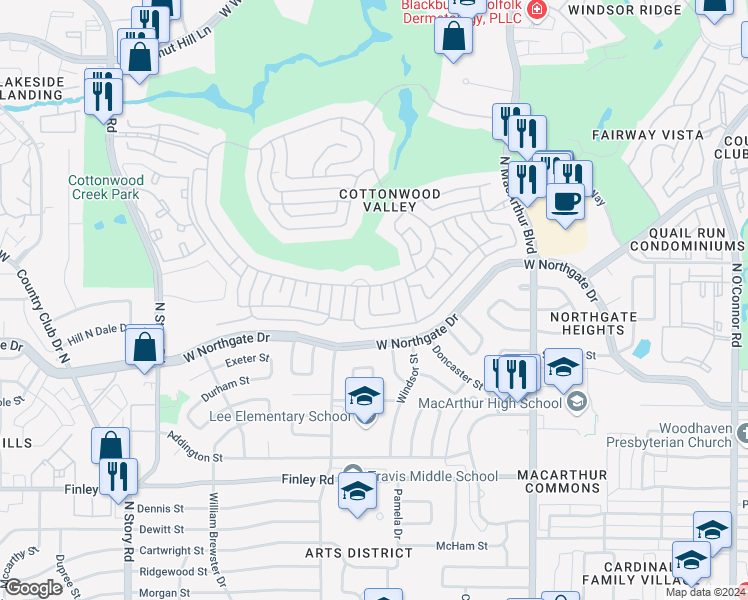 map of restaurants, bars, coffee shops, grocery stores, and more near 200 Krohn Court in Irving