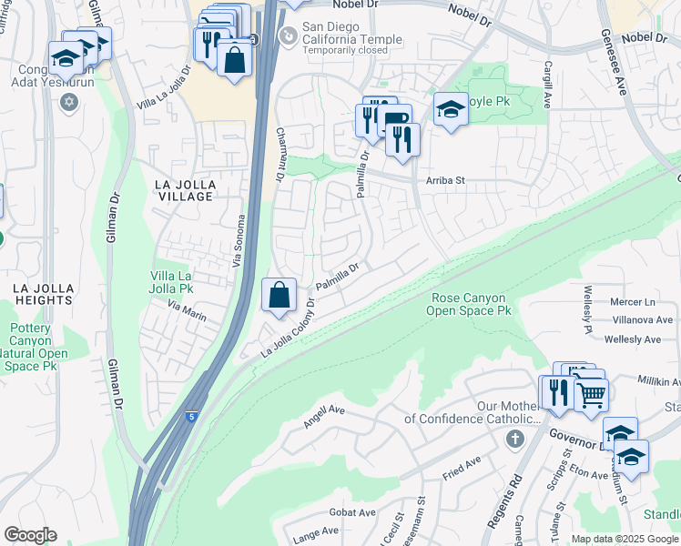 map of restaurants, bars, coffee shops, grocery stores, and more near 7188 Palmilla Drive in San Diego