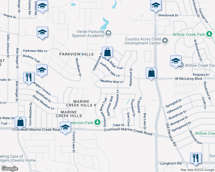 map of restaurants, bars, coffee shops, grocery stores, and more near 4940 Waterford Drive in Fort Worth