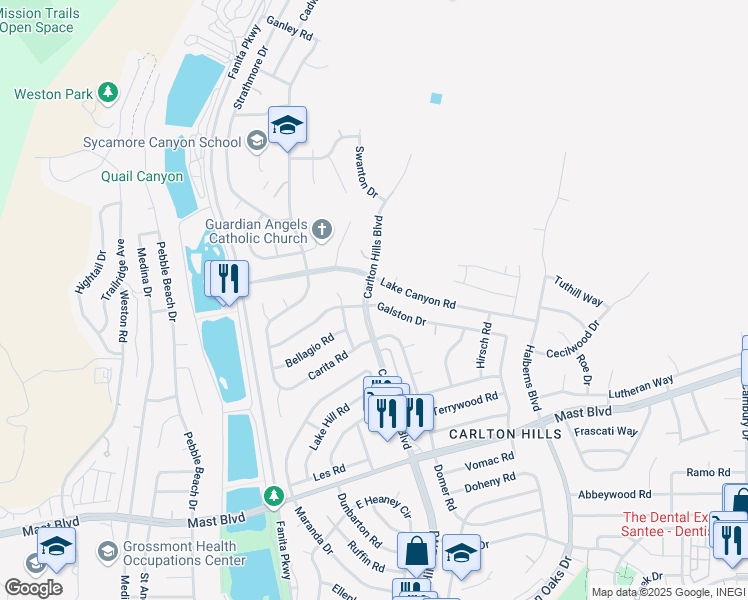 map of restaurants, bars, coffee shops, grocery stores, and more near 9412 Galston Drive in Santee