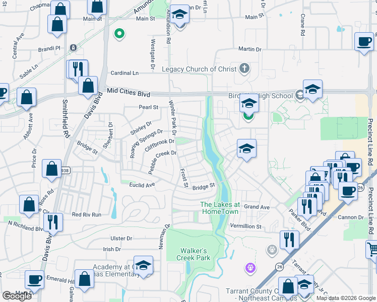 map of restaurants, bars, coffee shops, grocery stores, and more near 8613 Passionvine Street in North Richland Hills