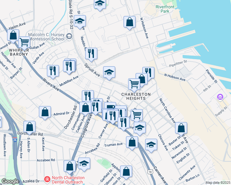 map of restaurants, bars, coffee shops, grocery stores, and more near 3336 Kraft Avenue in North Charleston