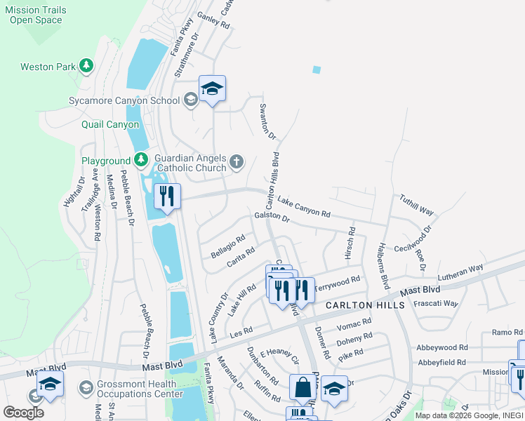 map of restaurants, bars, coffee shops, grocery stores, and more near 9801 Highdale Road in Santee