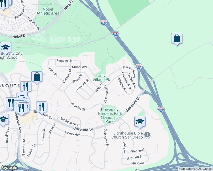 map of restaurants, bars, coffee shops, grocery stores, and more near 7103 Werner Street in San Diego