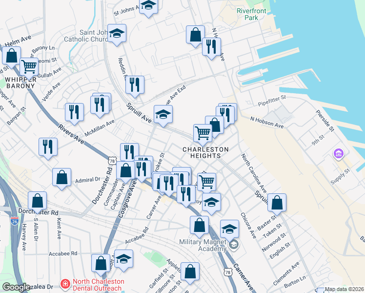 map of restaurants, bars, coffee shops, grocery stores, and more near 1912 Ubank Street in North Charleston