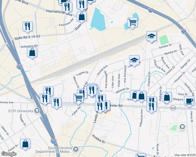 map of restaurants, bars, coffee shops, grocery stores, and more near 2639 Orchid Avenue in North Charleston