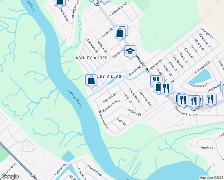map of restaurants, bars, coffee shops, grocery stores, and more near 4335 Bream Road in North Charleston