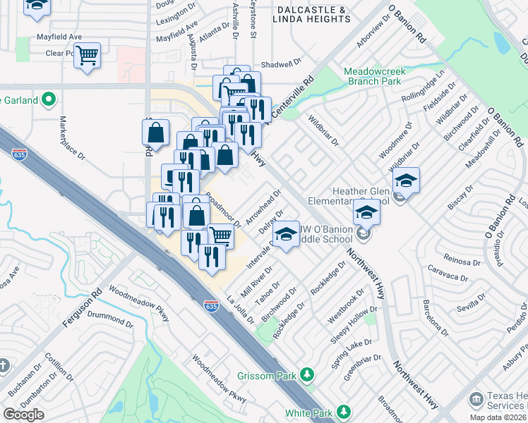 map of restaurants, bars, coffee shops, grocery stores, and more near 909 Arrowhead Drive in Garland