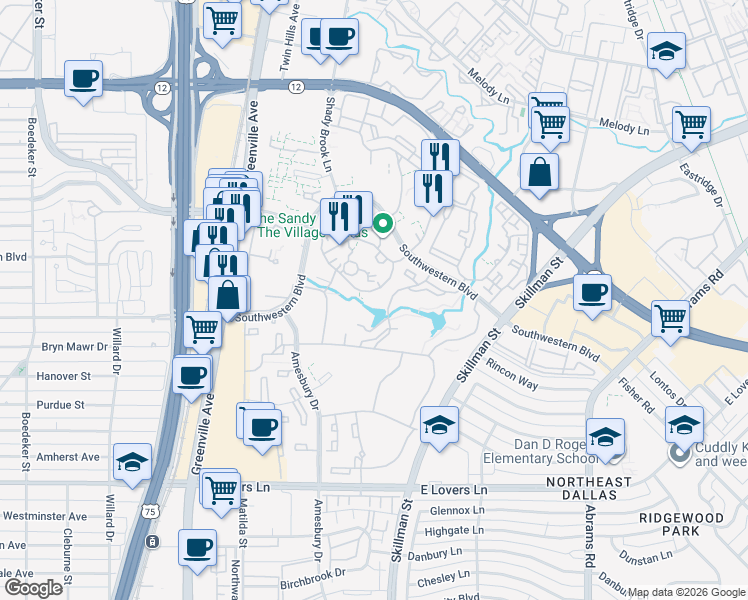 map of restaurants, bars, coffee shops, grocery stores, and more near 8600 Southwestern Boulevard in Dallas