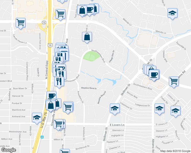 map of restaurants, bars, coffee shops, grocery stores, and more near 8600 Southwestern Boulevard in Dallas