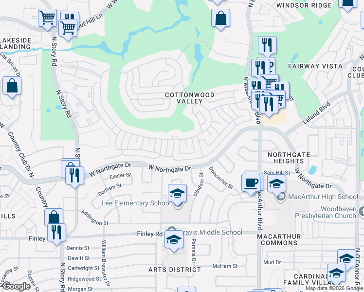 map of restaurants, bars, coffee shops, grocery stores, and more near 200 Krohn Court in Irving