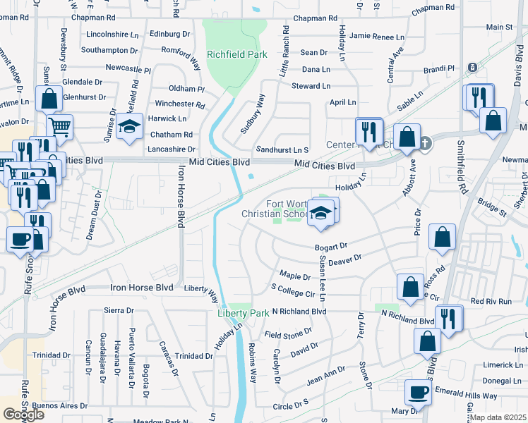 map of restaurants, bars, coffee shops, grocery stores, and more near 6100 Holiday Lane in North Richland Hills