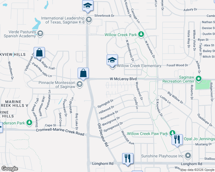 map of restaurants, bars, coffee shops, grocery stores, and more near 1113-1133 West McLeroy Boulevard in Saginaw