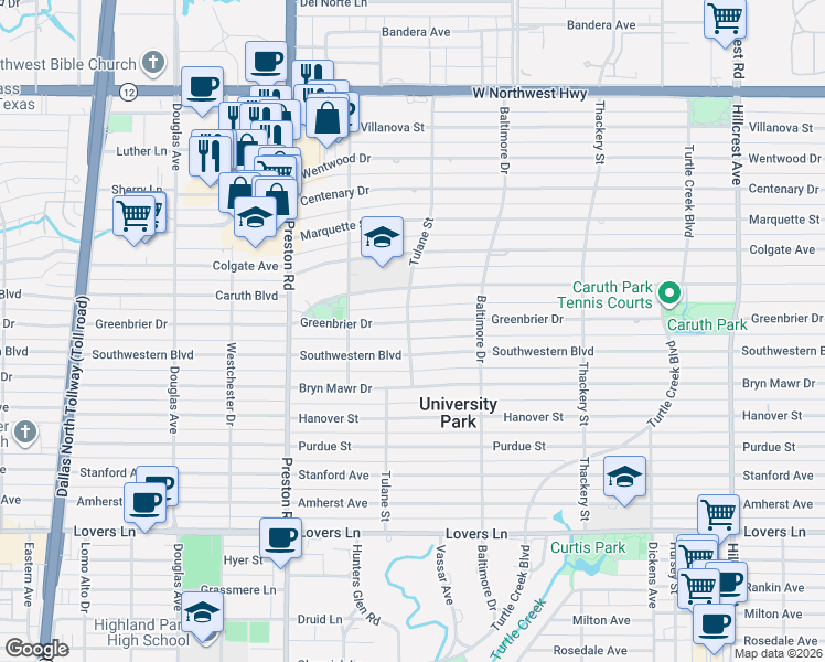 map of restaurants, bars, coffee shops, grocery stores, and more near 3849 Greenbrier Drive in Dallas