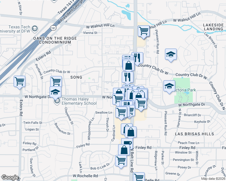 map of restaurants, bars, coffee shops, grocery stores, and more near 3505 West Northgate Drive in Irving