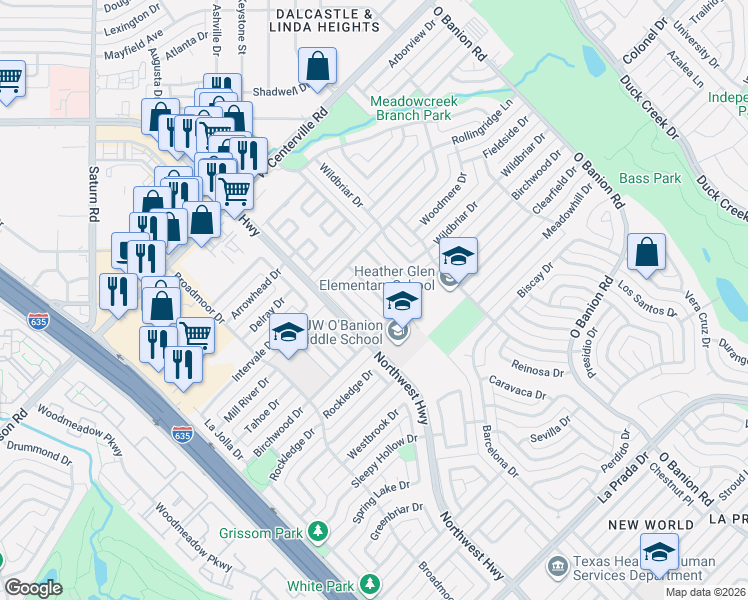 map of restaurants, bars, coffee shops, grocery stores, and more near 5041 Overcrest Drive in Garland