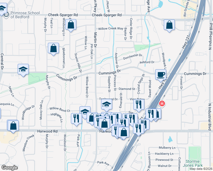 map of restaurants, bars, coffee shops, grocery stores, and more near 3113 Sugar Street in Bedford