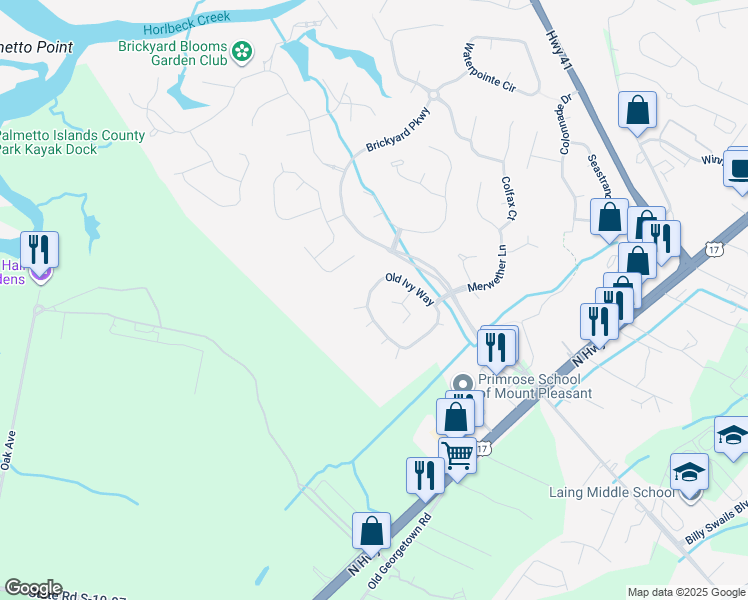map of restaurants, bars, coffee shops, grocery stores, and more near 1227 Old Ivy Way in Mount Pleasant